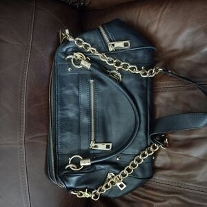 Audrey Brooke Black and Gold Leather Shoulder Bag with Chain Details